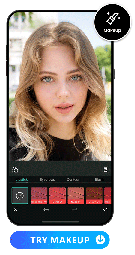 a girl's photo applying with PhotoDirector's makeup features including lipstick, eyebrows, contour and blush
